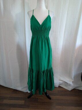 Hudson North Green Linen Blend Midi Dress Cut‑Out Smocked Back Medium Boho Beach